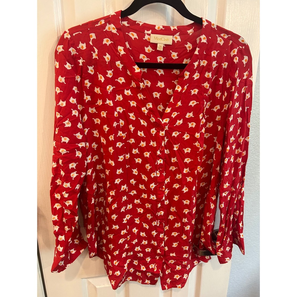 ModCloth Button Down Blouse Red‎ Elephant Print Long Sleeve bin D